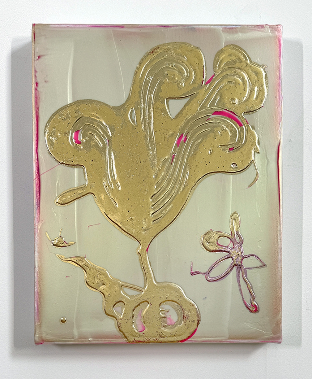 Catherine Howe, Tiny Bloom No.8, 2025, Acrylic, mica pigments, and metal leaf on canvas, 18 x 14 inches