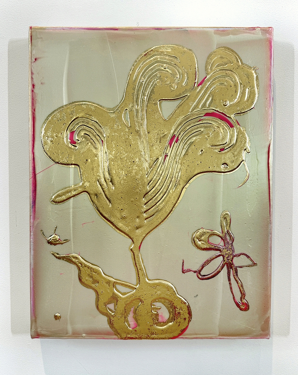 Catherine Howe, Tiny Bloom No.8, 2025, Acrylic, mica pigments, and metal leaf on canvas, 18 x 14 inches