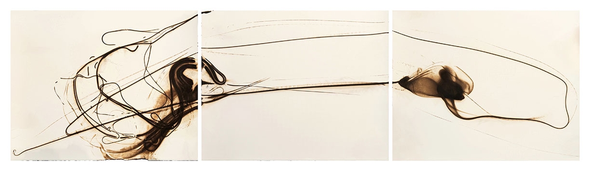 Etsuko Ichikawa, Trace 0726, 2026, Glass pyrograph on paper, 25.75 x 96 inches, Triptych