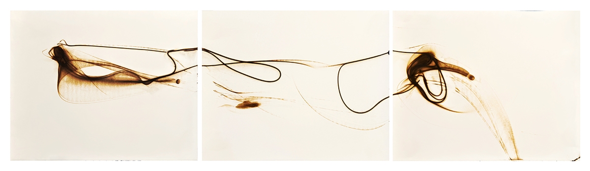 Etsuko Ichikawa, Trace 0826, 2026, Glass pyrograph on paper, 25.75 x 96 inches, Triptych