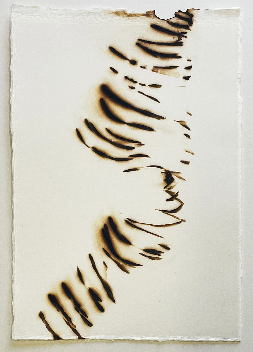 Etsuko Ichikawa: Trace 3222, 2022, Glass pyrograph on paper, 11.5 x 7.5 inches