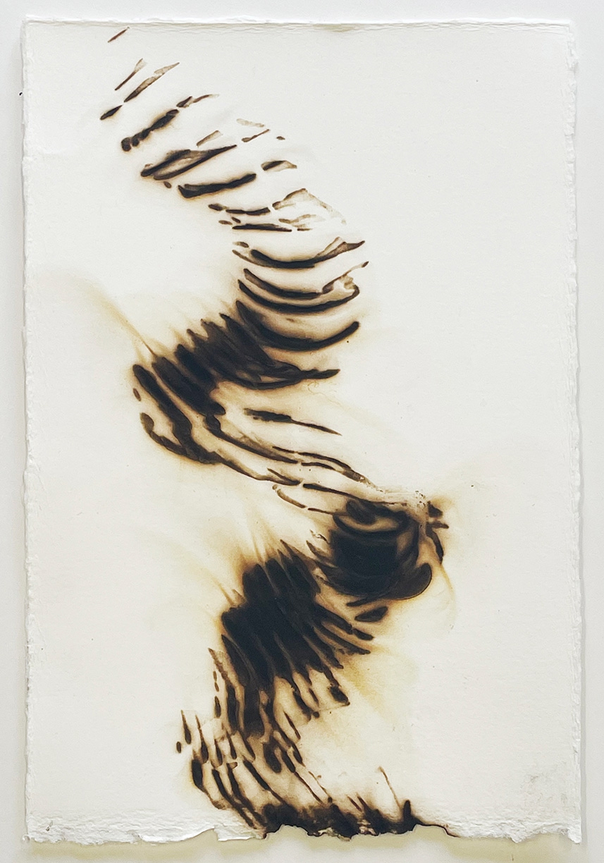 Etsuko Ichikawa: Trace 3322, 2022, Glass pyrograph on paper, 11.5 x 7.5 inches