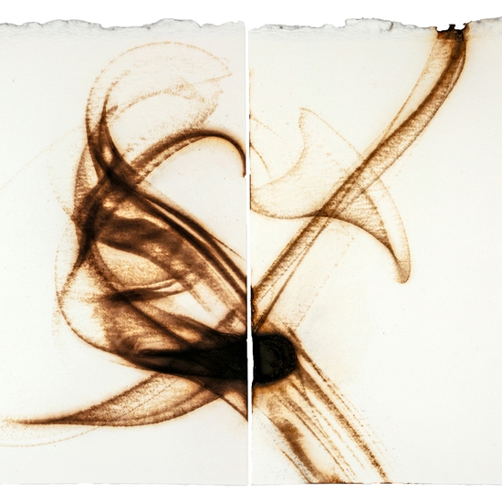 Etsuko Ichikawa, Trace 6825, 2025, Glass pyrograph on paper, 11.5 x 15 inches, Diptych