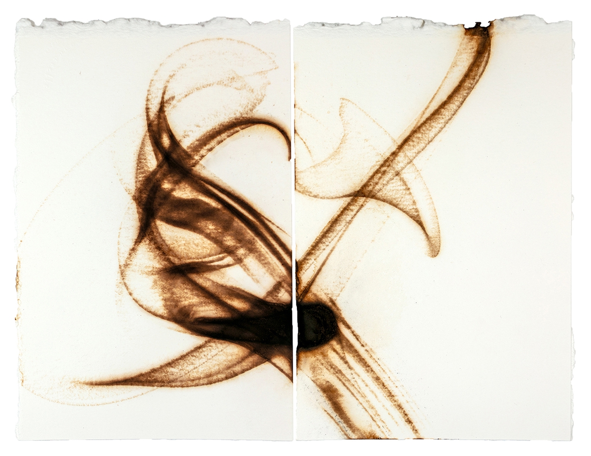 Etsuko Ichikawa, Trace 6825, 2025, Glass pyrograph on paper, 11.5 x 15 inches, Diptych