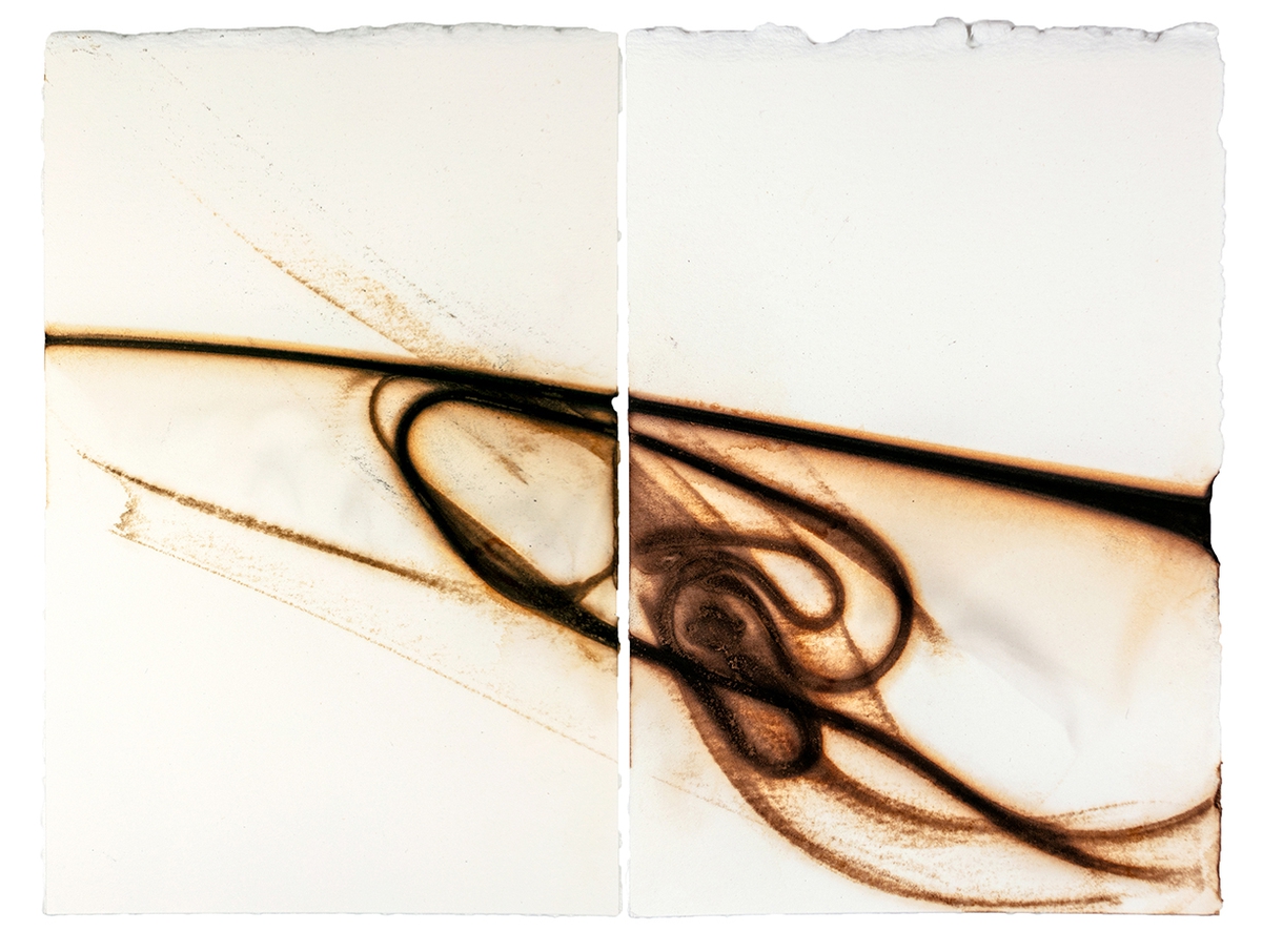 Etsuko Ichikawa, Trace 6925, 2025, Glass pyrograph on paper, 11.5 x 15 inches, Diptych