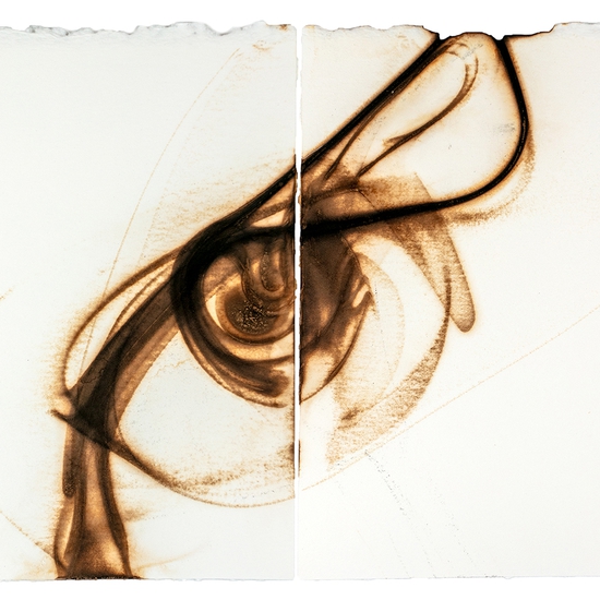 Etsuko Ichikawa, Trace 7125, 2025, Glass pyrograph on paper, 11.5 x 15 inches, Diptych