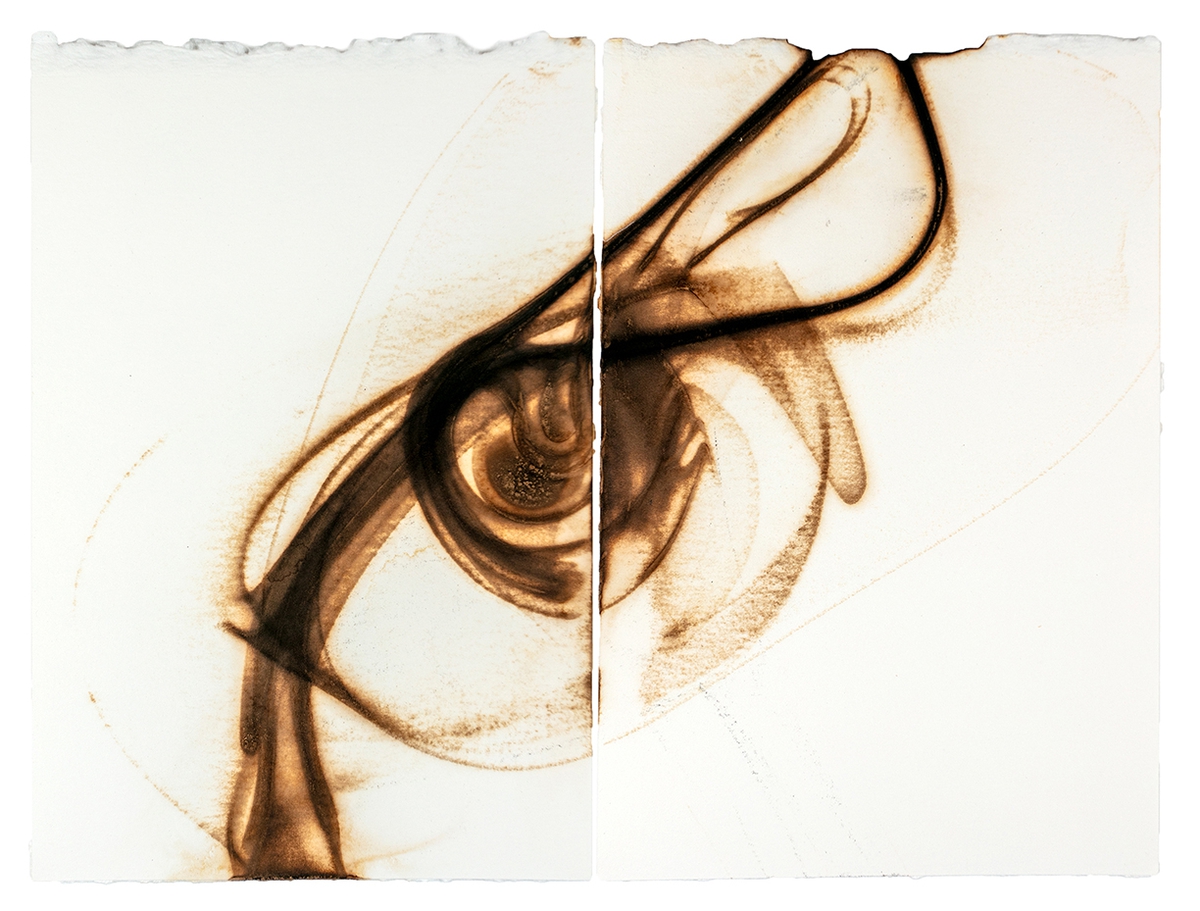 Etsuko Ichikawa, Trace 7125, 2025, Glass pyrograph on paper, 11.5 x 15 inches, Diptych