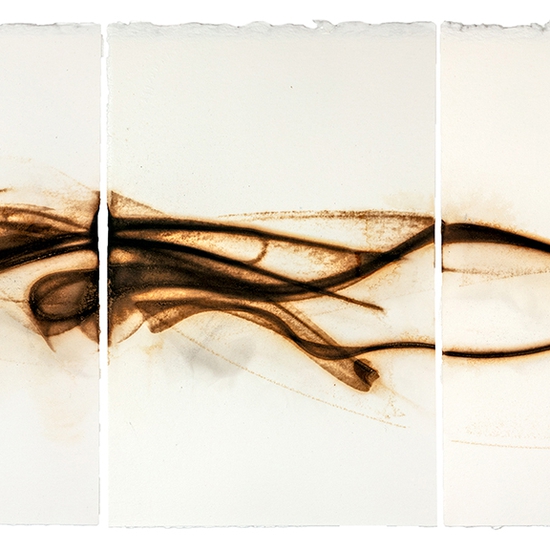 Etsuko Ichikawa, Trace 7225, 2025, Glass pyrograph on paper, 11.5 x 22.5 inches, Triptych