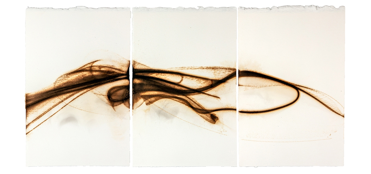 Etsuko Ichikawa, Trace 7225, 2025, Glass pyrograph on paper, 11.5 x 22.5 inches, Triptych