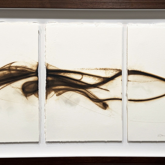 Etsuko Ichikawa, Trace 7225, 2025, Glass pyrograph on paper, 11.5 x 22.5 inches, Framed size 15.5 x 28 x 1.5 inches, Triptych