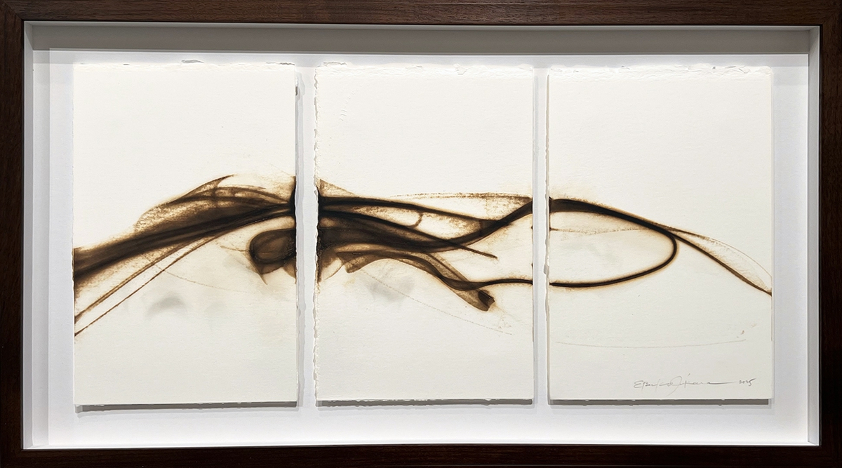 Etsuko Ichikawa, Trace 7225, 2025, Glass pyrograph on paper, 11.5 x 22.5 inches, Framed size 15.5 x 28 x 1.5 inches, Triptych