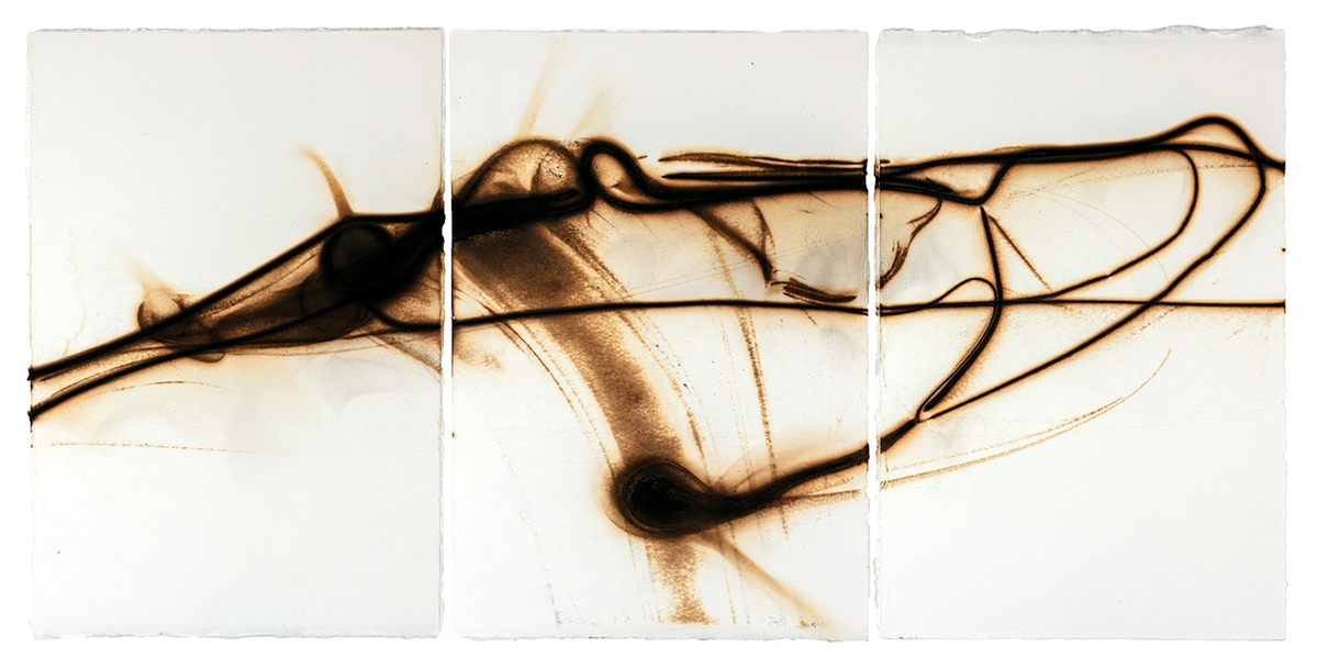 Etsuko Ichikawa, Trace 7325, 2025, Glass pyrograph on paper, 11.5 x 22.5 inches, Triptych