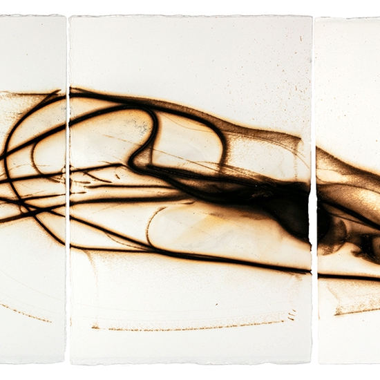Etsuko Ichikawa, Trace 7525, 2025, Glass pyrograph on paper, 11.5 x 22.5 inches, Triptych