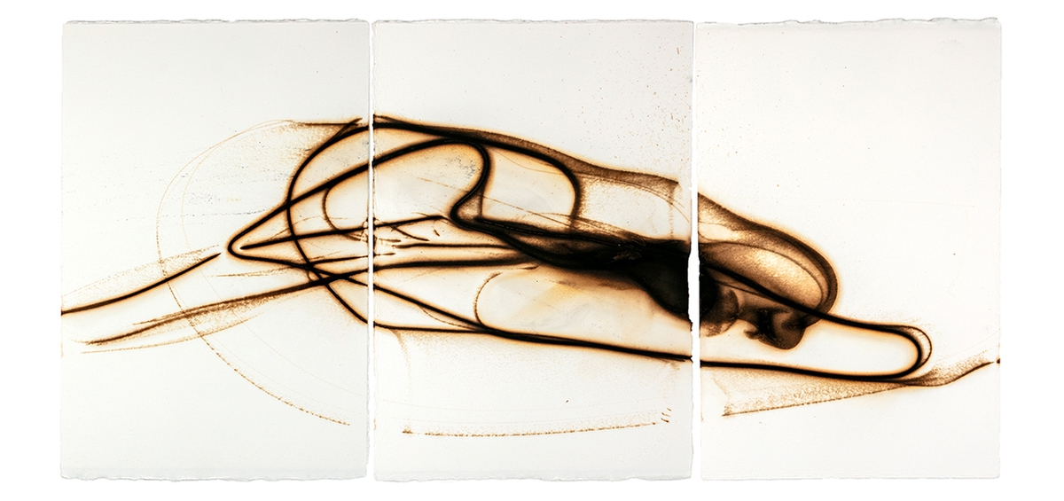 Etsuko Ichikawa, Trace 7525, 2025, Glass pyrograph on paper, 11.5 x 22.5 inches, Triptych