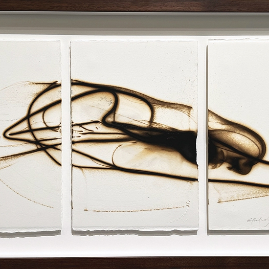 Etsuko Ichikawa, Trace 7525, 2025, Glass pyrograph on paper, 11.5 x 22.5 inches, Framed size 15.5 x 28 x 1.5 inches, Triptych