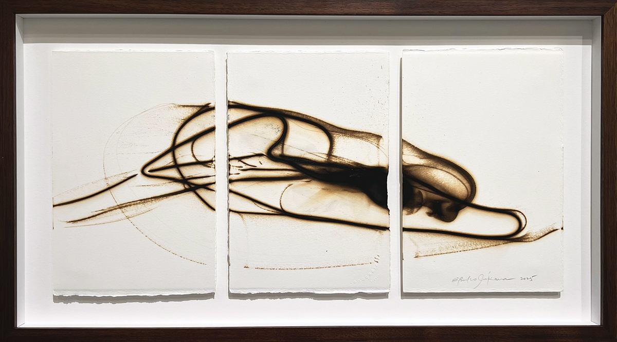Etsuko Ichikawa, Trace 7525, 2025, Glass pyrograph on paper, 11.5 x 22.5 inches, Framed size 15.5 x 28 x 1.5 inches, Triptych