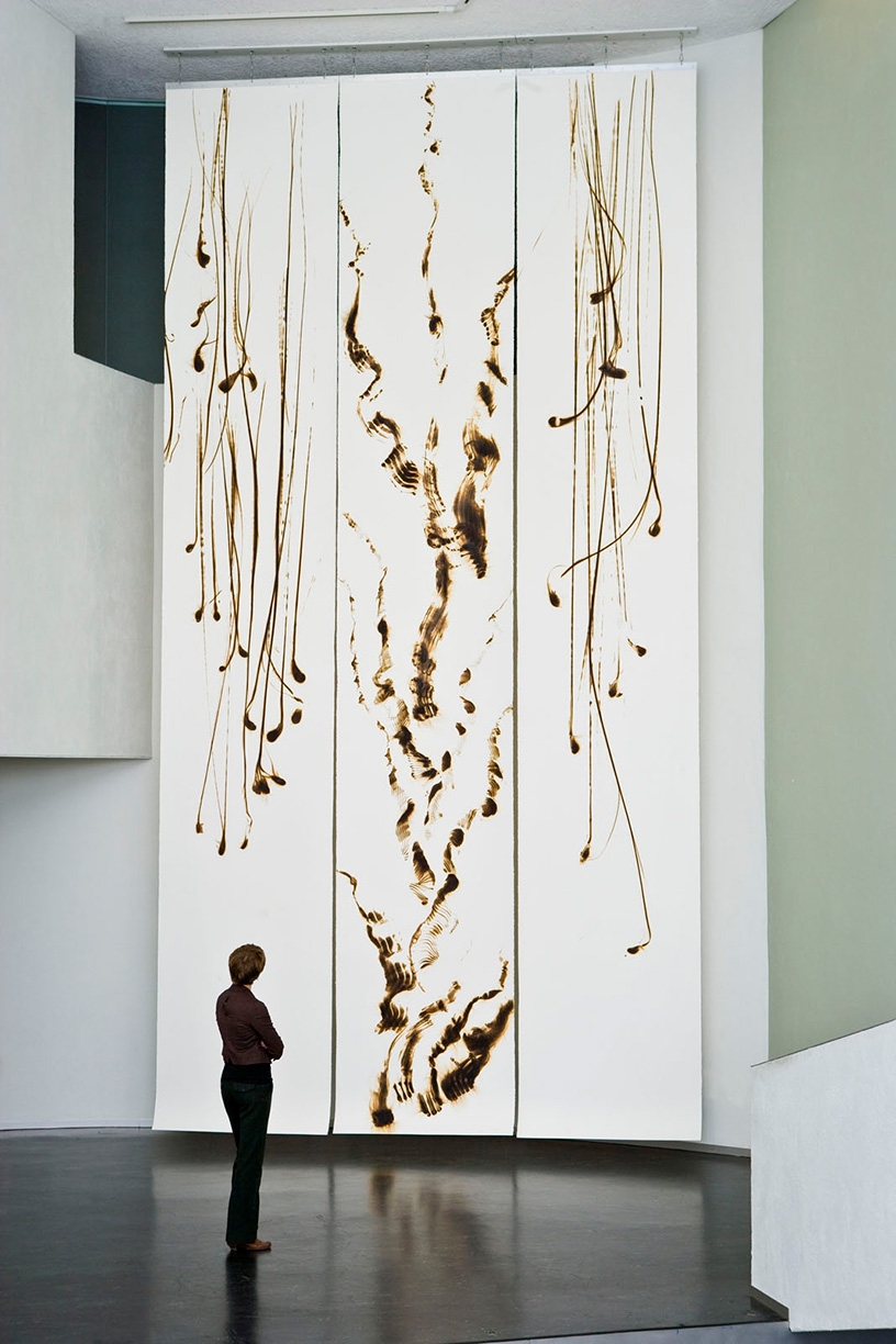 Etsuko Ichikawa: Installation of 'Traces of the Molten State,' 2008, Glass pyrograph on paper, 300 x 156 x 12 inches (with hanging hardware, 312 inches tall), each scroll also available individually, 300 x 52 inches