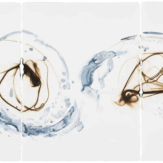 Etsuko Ichikawa mixes pyrography and watercolor to create swirling gestural compositions