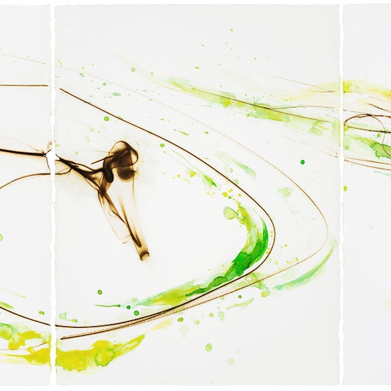Etsuko Ichikawa: Vitrified 3518, 2018, glass pyrograph and watercolor on paper, 30 x 67.5