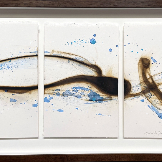 Etsuko Ichikawa, Vitrified 7825, 2025, Glass pyrograph and watercolor on paper, 11.5 x 22.5 inches, Framed size 15.5 x 28 x 1.5 inches, Triptych