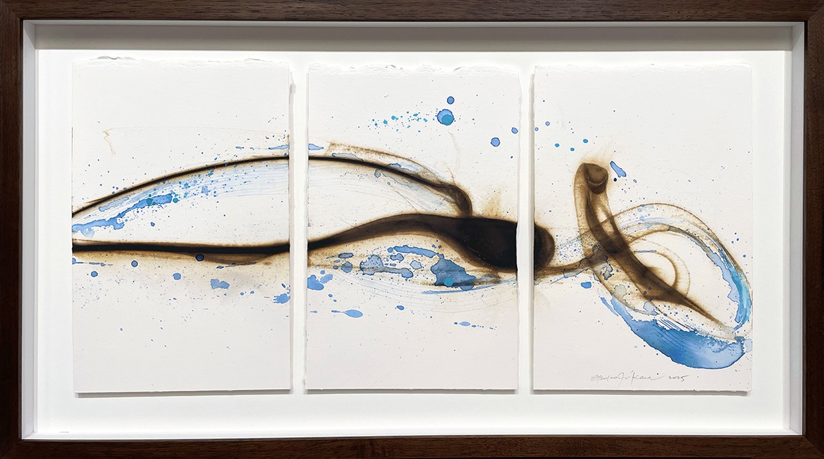 Etsuko Ichikawa, Vitrified 7825, 2025, Glass pyrograph and watercolor on paper, 11.5 x 22.5 inches, Framed size 15.5 x 28 x 1.5 inches, Triptych