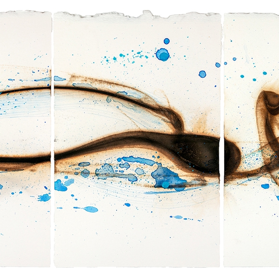 Etsuko Ichikawa, Vitrified 7825, 2025, Glass pyrograph and watercolor on paper, 11.5 x 22.5 inches, Triptych