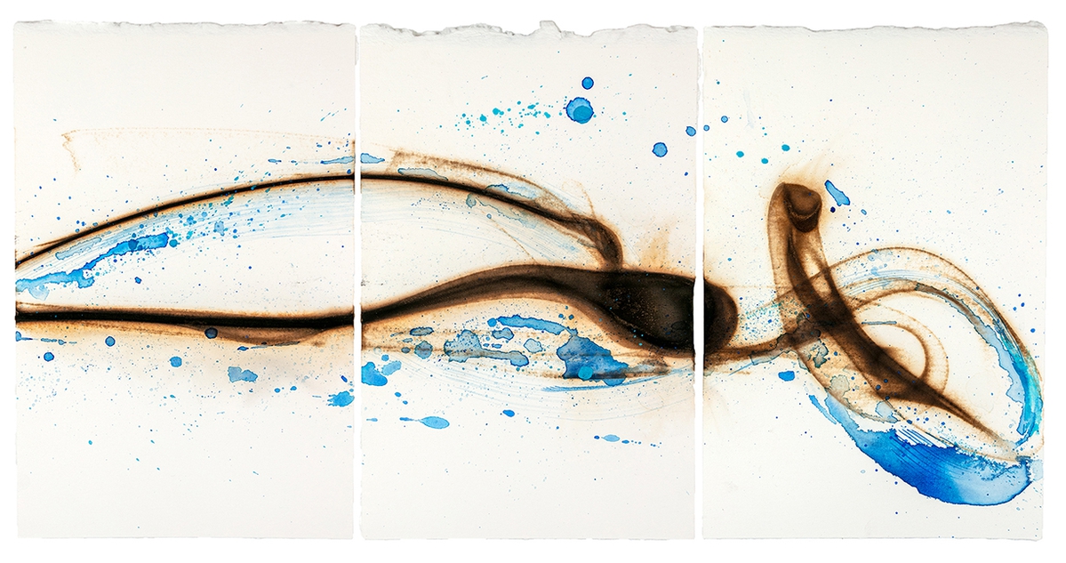 Etsuko Ichikawa, Vitrified 7825, 2025, Glass pyrograph and watercolor on paper, 11.5 x 22.5 inches, Triptych