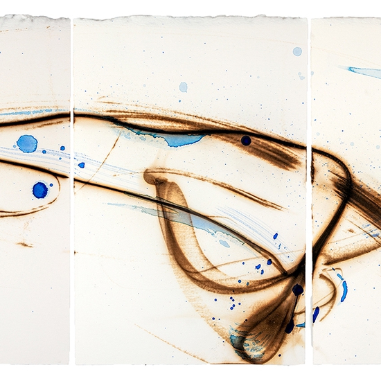 Etsuko Ichikawa, Vitrified 7925, 2025, Glass pyrograph and watercolor on paper, 11.5 x 22.5 inches, Triptych