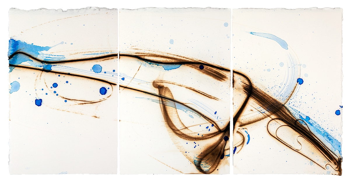 Etsuko Ichikawa, Vitrified 7925, 2025, Glass pyrograph and watercolor on paper, 11.5 x 22.5 inches, Triptych