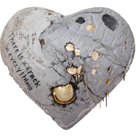 Jessica Lichtenstein: There is a crack in everything, 2020, Concrete and plaster heart with engraved lockets, 24 x 21 x 9 inches
