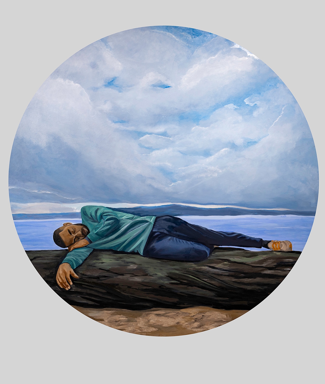 Barry Johnson: Embrace The Loss, 2024, Oil on panel 48 x 48 x 1 inches