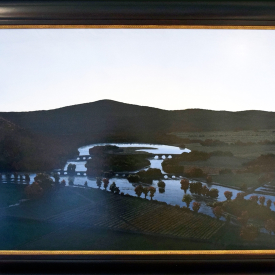 Stephen Hannock: The Oxbow, After Church, After Cole, Flooded (Flooded River with Green Light for the Matriarchs E. & A. Mongan), 1999, Polished oil on canvas stretched over panel, 48 x 72 inches (framed dims: 61 x 85 x 3.25 inches)