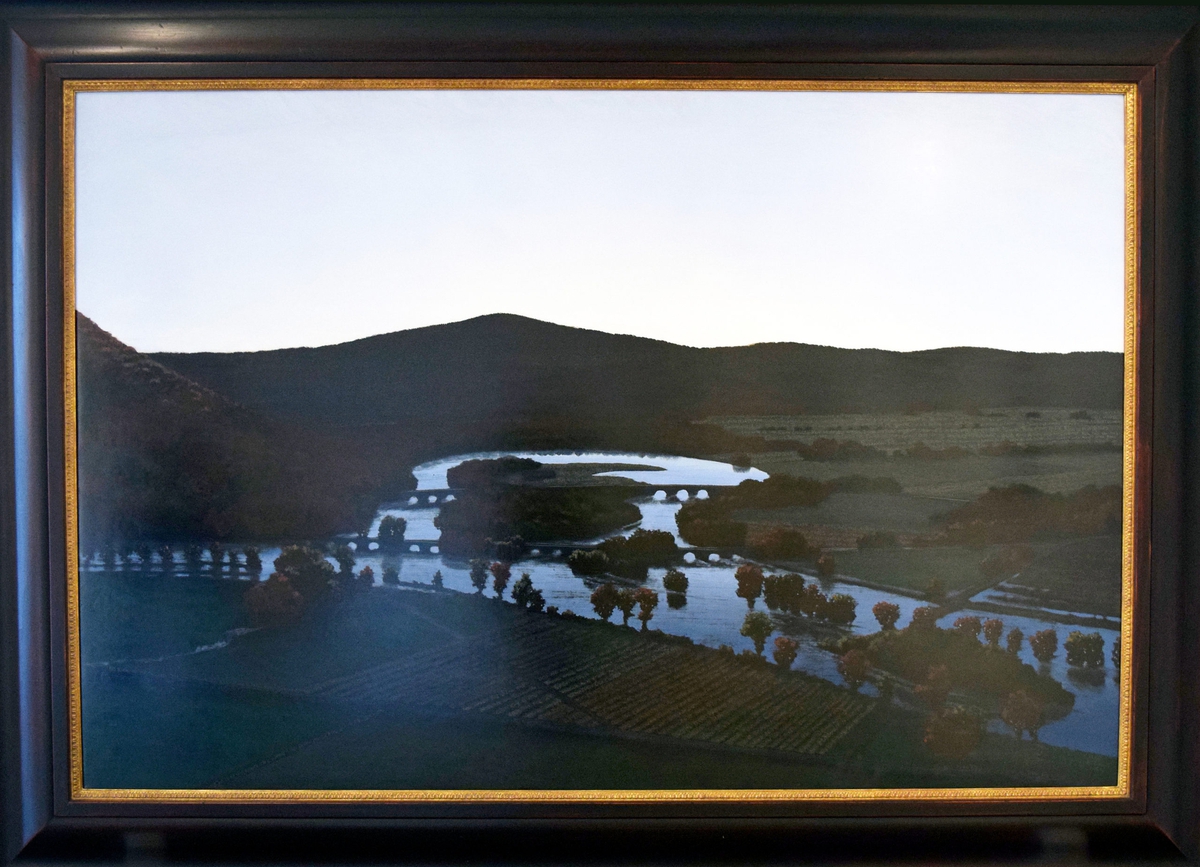 Stephen Hannock: The Oxbow, After Church, After Cole, Flooded (Flooded River with Green Light for the Matriarchs E. & A. Mongan), 1999, Polished oil on canvas stretched over panel, 48 x 72 inches (framed dims: 61 x 85 x 3.25 inches)