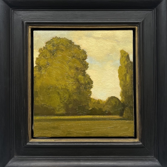 Jeff Joyce: Garden View (Golden Light), 2000, Oil on canvas over board, 12 x 11 inches (framed dimensions: 19.25 x 18.75 inches)