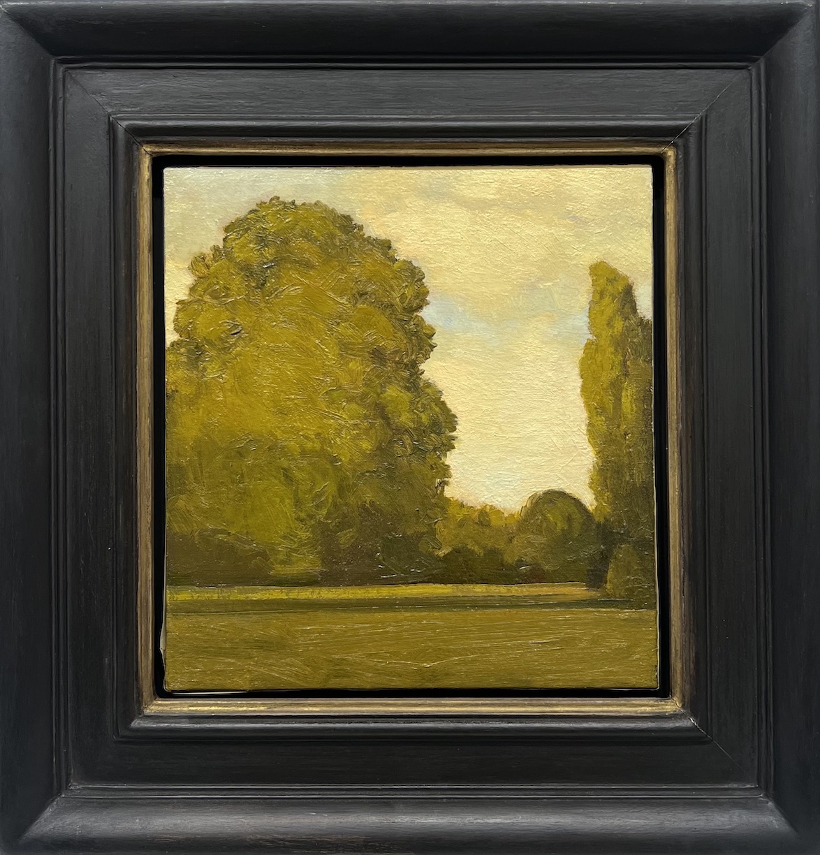 Jeff Joyce: Garden View (Golden Light), 2000, Oil on canvas over board, 12 x 11 inches (framed dimensions: 19.25 x 18.75 inches)