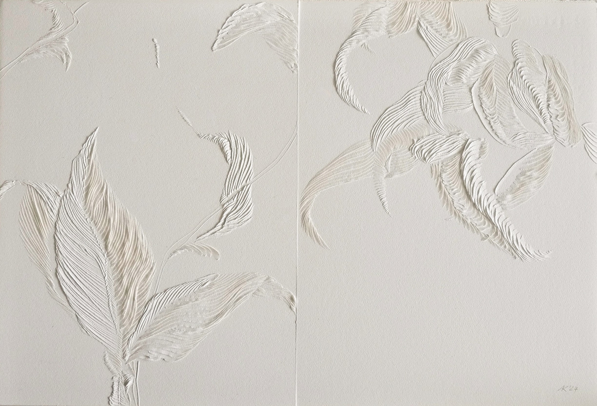 Andreas Kocks: #2435, 2024, Carved watercolor paper, 15 x 22.5 inches (diptych, 15 x 11.25 inches each)