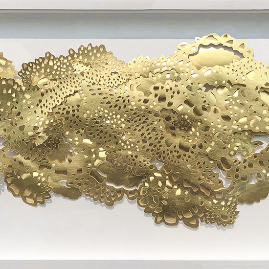 Andreas Kocks: My Cloud IV (#1904AU), 2019, Gold leaf on water color paper on wood, 12 x 28.5 inches (Frame size: 17 x 35 x 2 inches)