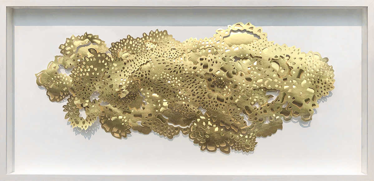Andreas Kocks: My Cloud IV (#1904AU), 2019, Gold leaf on water color paper on wood, 12 x 28.5 inches (Frame size: 17 x 35 x 2 inches)