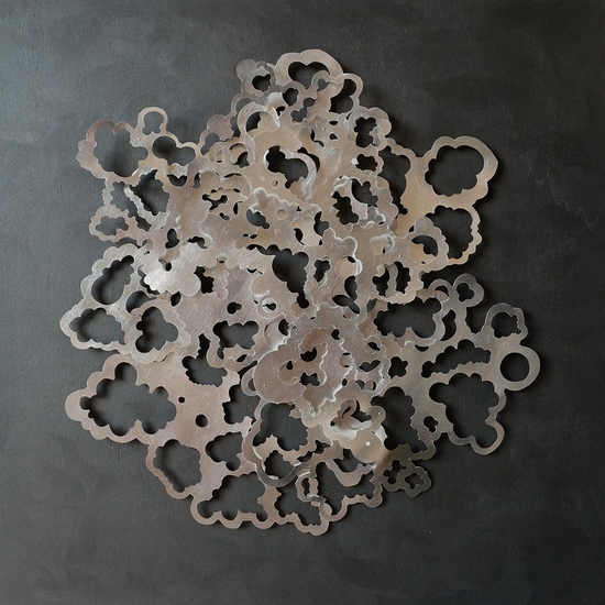 Andreas Kocks: Nocturne (#2205A), 2022, Aluminum leaf on watercolor paper on wood, 25.5 x 21.5 inches