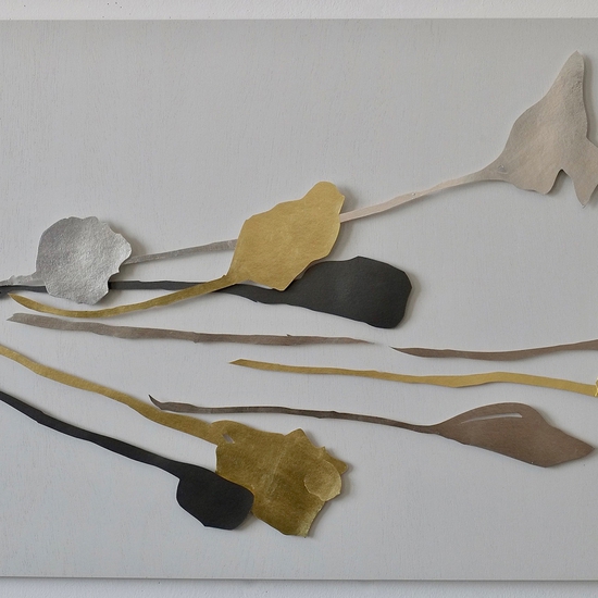 Andreas Kocks: Ophelia I (#1901M), 2019, Graphite, aluminum, platinum, and gold leaf on watercolor on wood (framed), 34.5 x 48 x 2 inches