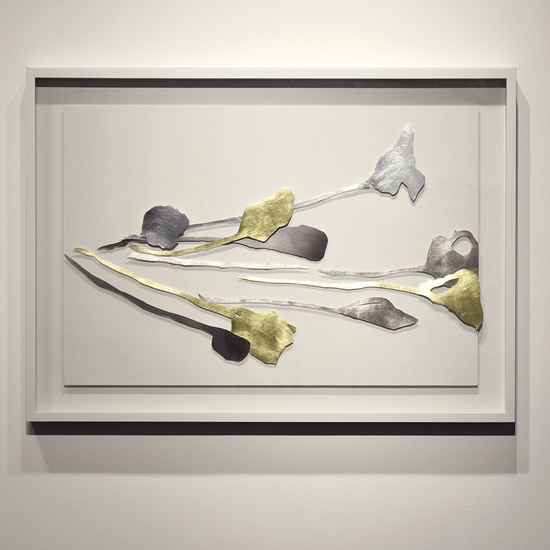 Andrea Kocks: Ophelia I (#1901M), 2019, Graphite aluminum platinum gold leaf on water color paper on wood, 34.5 x 48 x 2 inches