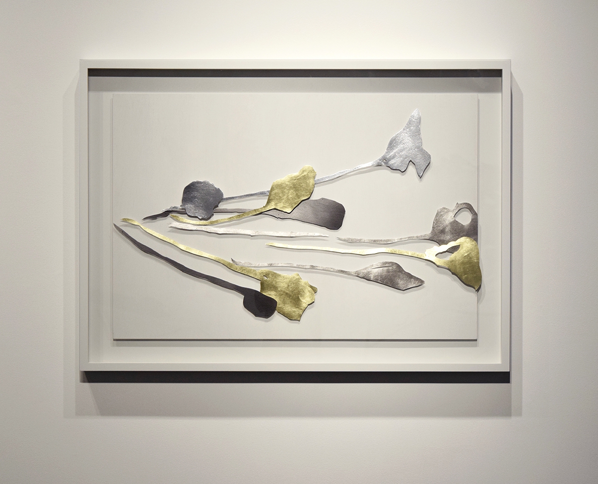 Andrea Kocks: Ophelia I (#1901M), 2019, Graphite aluminum platinum gold leaf on water color paper on wood, 34.5 x 48 x 2 inches