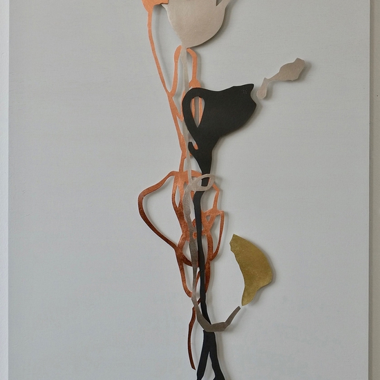 Andreas Kocks: Ophelia II (#1902M), 2019, Graphite, gold leaf, platinum leaf, copper leaf on watercolor paper on wood, 34 x 27 x 2 inches (framed dimensions: 42 x 34 x 3 inches)
