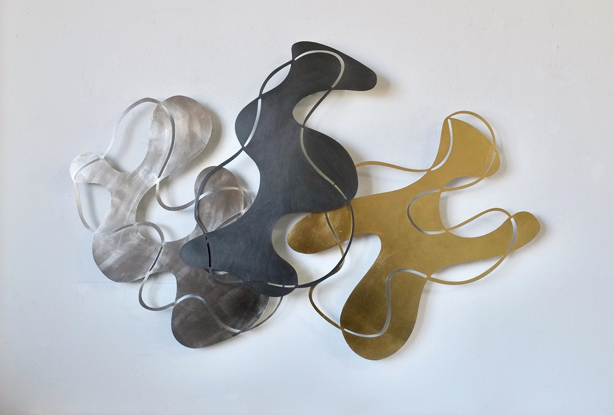 Andreas Kocks, Three Graces (#2451P/SG/AU), 2025, Palladium Leaf, Steel and Graphite, Gold Leaf, 27.5x41.5x1 inches