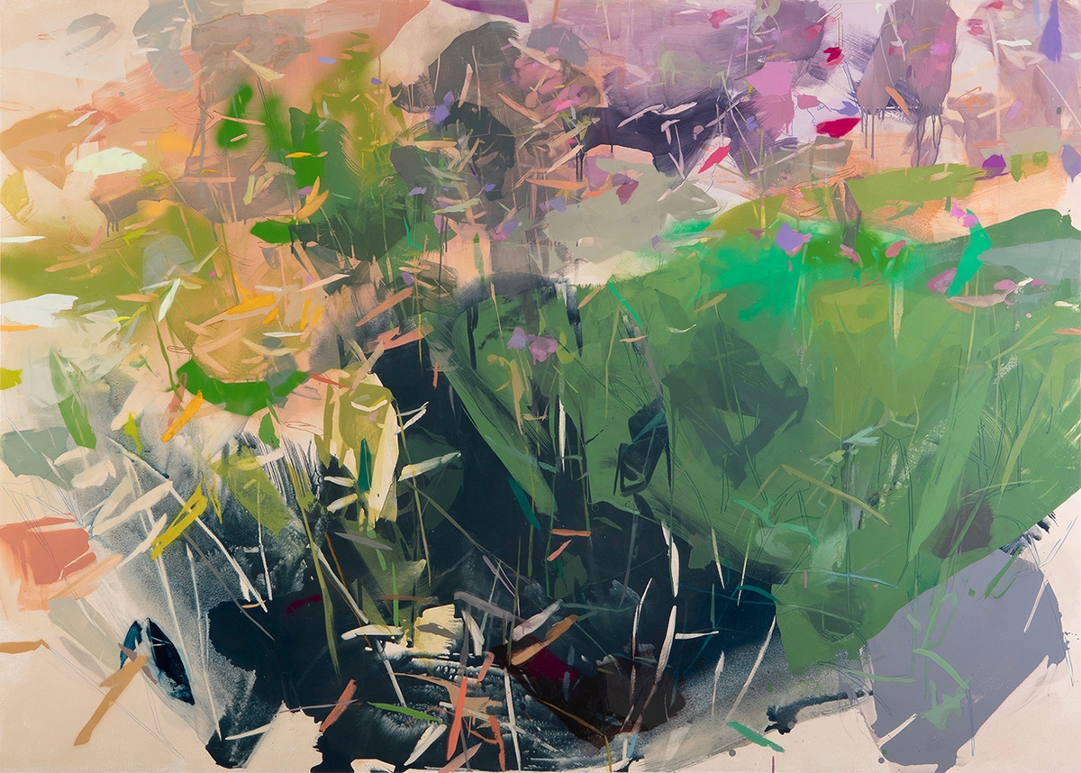 Emily Leonard: August (Drifting Grama and Prairie Verbena), 2023, Oil, acrylic, and spray paint on panel, 56 x 78 x 2.75 inches