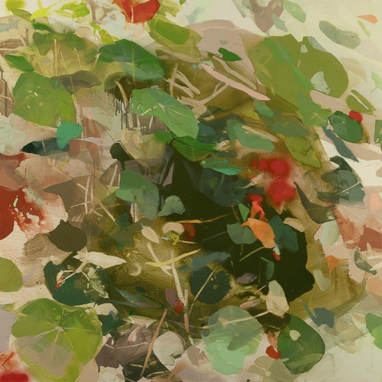 Emily Leonard: Sow (Nasturtiums), 2024, Oil on panel, 48 x 84 x 3.25 inches