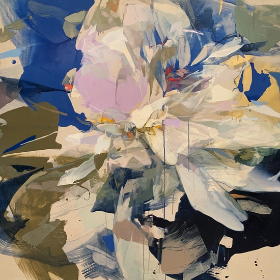 Emily Leonard: White Peony In Mega Blue, 2022, Oil on panel, 48 x 67 x 3.75 inches