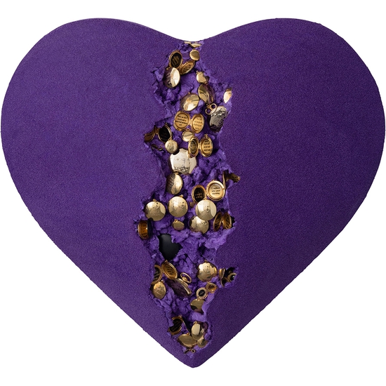 Jessica Lichtenstein: I walked into your morning, 2022, Concrete and plaster heart with engraved lockets, 21 x 24 x 9 inches