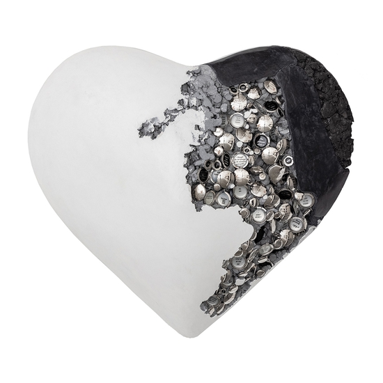 Jessica Lichtenstein: I want more, 2022, Concrete and plaster heart with engraved locks, 21 x 24 x 9 inches