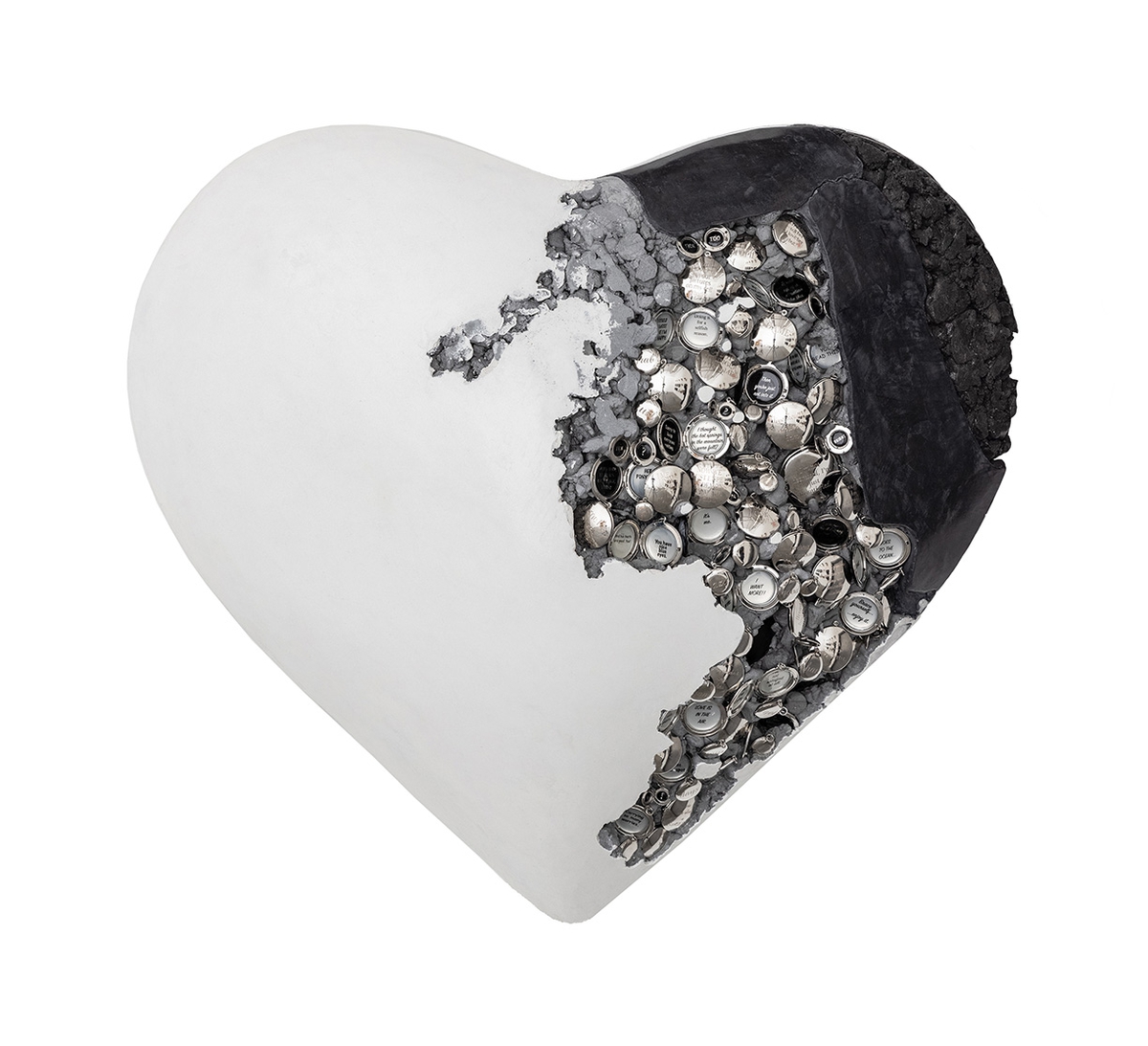 Jessica Lichtenstein: I want more, 2022, Concrete and plaster heart with engraved locks, 21 x 24 x 9 inches